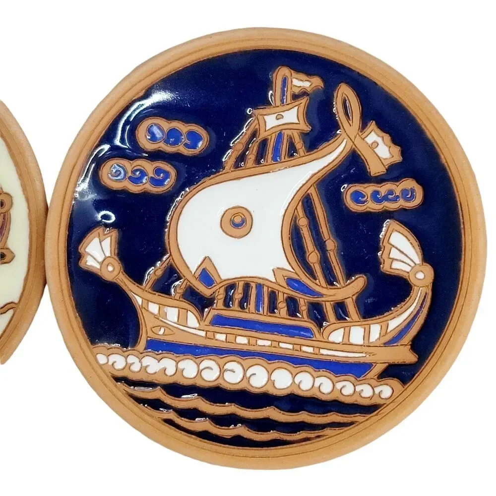 Vintage Set of‎ 3 Handmade Plates By Bonis Pottery In Rhodes Greece Viking Boats
